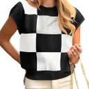 Saodimallsu Womens Short Sleeve Sweater Top Summer Color Block Lightweight Knit Crewneck Going Out Pullover Tops (Large, Black)