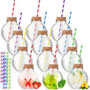 Yaomiao 24 Pcs 10oz Plastic Patron Bottles Empty for Drinks Mini Plastic Fish Bowl Ornament Cups Spherical Potion Bottle with Cork and Straws Bulb Cups for Carnival Party Theme Decorations(Multicolor)