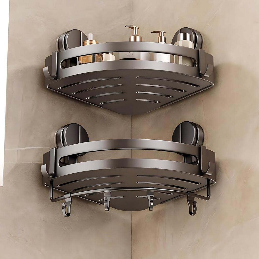 VOLPONE Shower Caddy Suction Cup, 2 Pack Corner Shower Shelves No Drilling, Showers Organizer Storage with Towel Bar & Removable Hooks, Bathroom Shower Shelf Rack for Inside Showers, Triangle