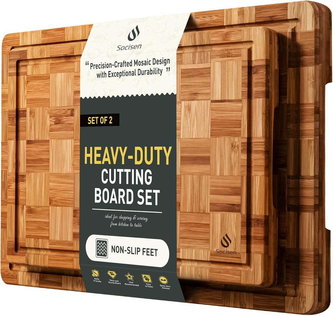 2 Pack Heavy Duty Bamboo Cutting Board Set Non Slip Over Sink Solid End Grain Thick Wood Chopping Board Extra Large Big Small Best Organic Hardwood Wooden Kitchen Essential New Home Housewarming Gift (Multiple Sizes (Set of 2))