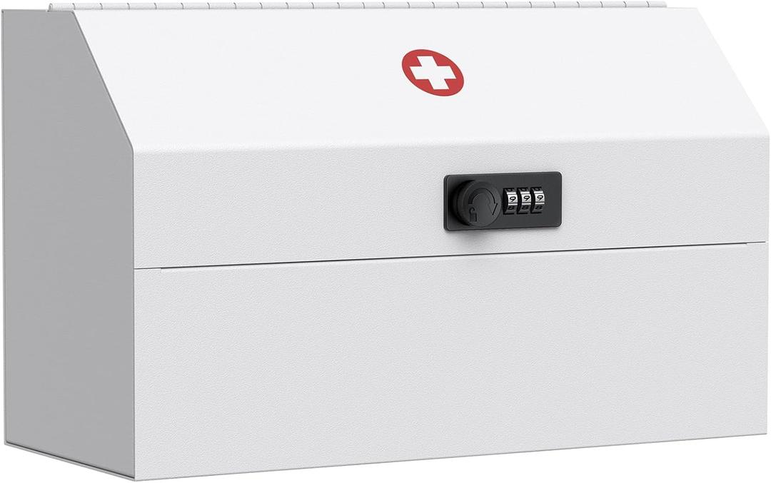 Uniclife Wall Mount Medicine Cabinet with Combination Lock Locking First Aid Cabinet Lockable Medical Cabinet Small Medicine Organizer Secure Steel Wall Cabinet Metal Storage Box, White