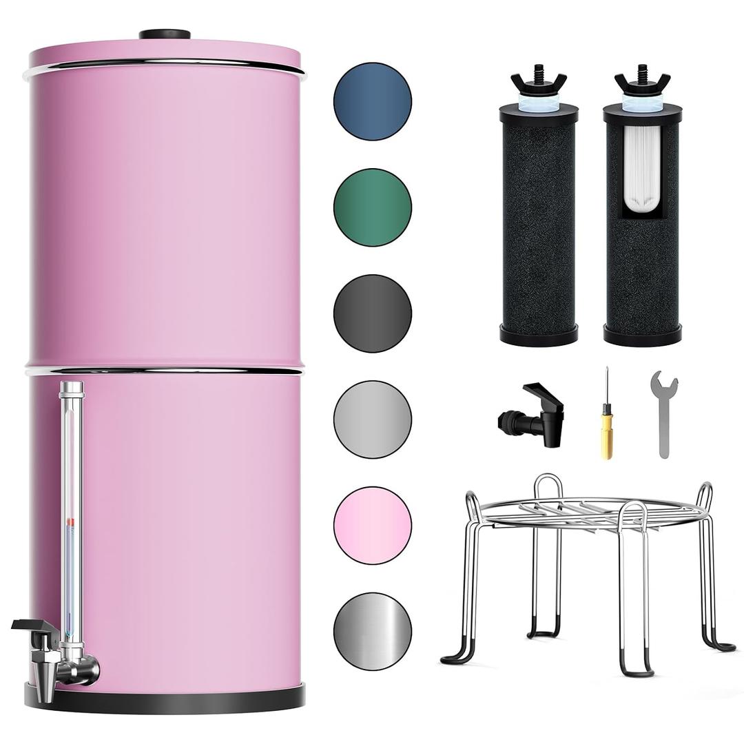 Purewell 3-Stage 0.01m Ultra-Filtration Gravity Water Filter System, 304 Stainless Steel Countertop System with 2 Filters, Metal Water Level Spigot and Stand, Reduce 99% Chlorine, 2.25G, PW-OB-K