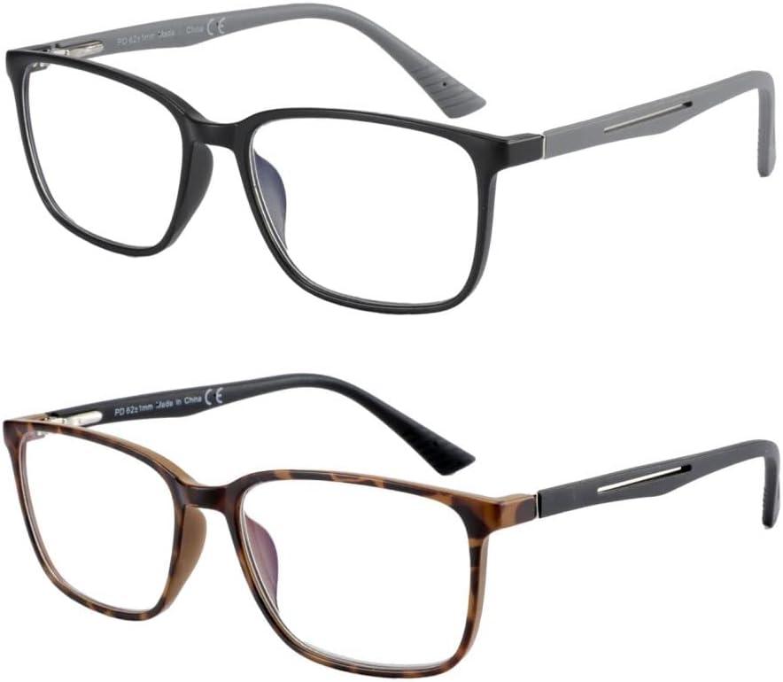 BLUEMOKY Blue Light Reading Glasses for Men 2 PACK, Readers for Men, Square Frame Computer Glasses,Anti Eyestrain(0.00)