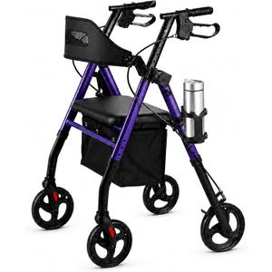 Rollator Walker with Seat, Foldable Lightweight Walkers for Seniors 4 Wheel Heavy-Duty Bariatric Rolling Walker 8'' Big Wheels Locking Brakes All Terrain Adjustable Handles 350 lb Capacity, Purple