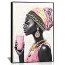 DRLWGTY Framed Wall Art, African Style Elegant Woman Canvas with Handmade Crystals and Gemstones, Large Modern Artwork Ready to Hang for Bedroom Living Room Decor 36"L x 24"W