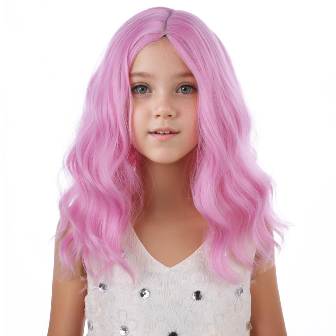 Kids Light Pink Wig Girls Short Wavy Pink Bob Wig Heat Resistant Synthetic Hair Wigs for Cosplay Party