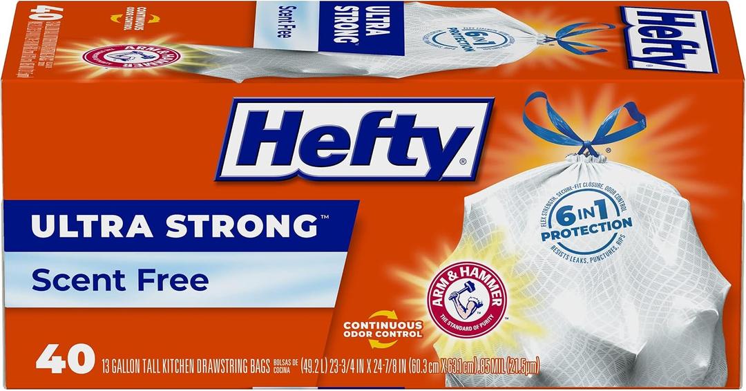Hefty Ultra Strong 13-Gallon Trash Bags, Tall Kitchen, Drawstring Closure, Odor Control, White, Unscented, 40-Pack