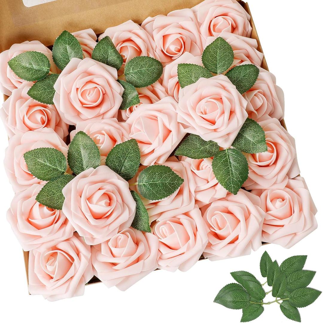 AmyHomie Artificial Flowers Blush Pink Rose 100pcs Real Looking Fake Roses w/Stem for DIY Wedding Bouquets Centerpieces Arrangements Party Baby Shower Valentines Day Christmas Tree Decorations