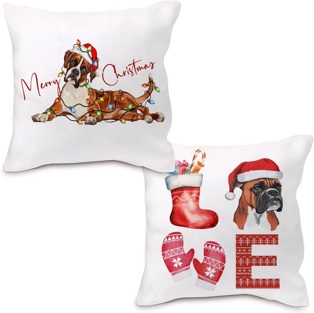 Boxer Dog Christmas Pillow Covers 18x18, Boxer Gifts for Lovers, Merry Christmas Xmas Pillow Covers for Couch, Living Room Bedroom Decor, Set of 2