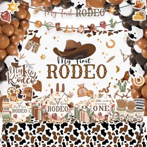 249PCS My First Rodeo Decorations Boy, All-in-1 First Rodeo Theme Party Pack, with 20 Plates, Cowboy Hat, Backdrop Tablecloth Balloon Arch for 1st birthday boy, Serves 20 Guests