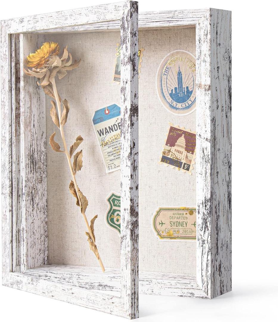 Califortree 8x10 Shadow Box Frame with Linen Back - Real Glass, Push Pins Included, Sturdy Rustic Memory Display Case, Fits 6.8x8.8 Inserts, Distressed White