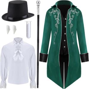 Halloween Men Vampire Costume Adult Male Victorian Tailcoat Jacket, Pirate Shirt, Top Hat, Staff, Fang, Bead (X-Large, Green)