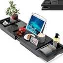 Bamboo Bathtub Caddy Tray Expandable for Luxury Bath, Bath Accessories & Table with Wine Glass Holder, Book Stand Bathroom Organizer with Extending Sides for Men/Women,Black