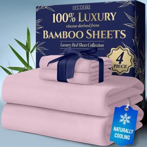 DECOLURE 100% Viscose Derived from Bamboo Sheets Queen Size 4pcs - Ultra Soft & Luxuriously Cooling, 17" Deep Pocket, Double Stitching, Perfect for Hot Sleepers - Queen Bed Sheets (Light Pink)