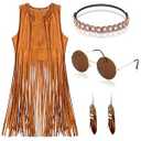 60s 70s Outfits for Women Hippie Costume Clothes Set 70s Costume Tops Women Fringe Hippie Vest for Halloween, S
