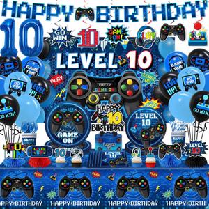 10 Birthday Decorations for Boys,197pcs Gamer Birthday Party Decorations Level 10 Birth day Decorations Plates and Napkins Cups Tablecloth Banner Honeycomb for Video Game Party Decorations