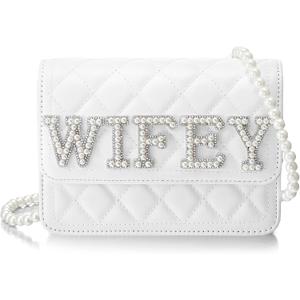 Eccliy Wifey Gift Mrs Bride White Leather Bag with Pearl Chain Clutch Evening Bag for Wedding Anniversary