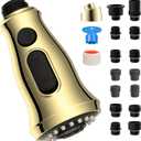 Universal Kitchen Faucet Head Replacement with 15 Adapter Kit Compatible with American Standard/Kohler/Moen/Delta, 3 Function Pull Down Sink Faucet Spray Head, Brushed Gold