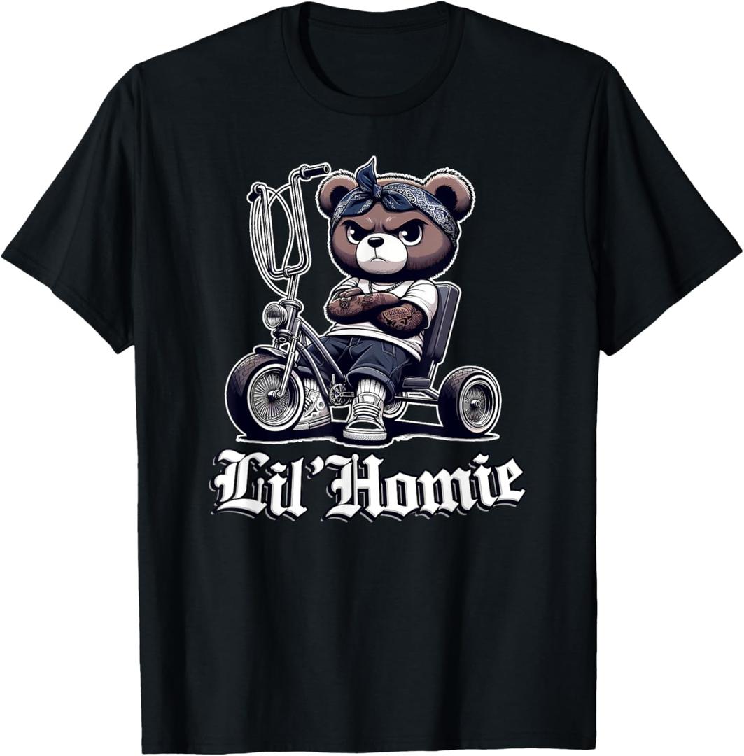 LIL HOMIE Cute Teddy Bear Hip Hop Chicano Lowrider Cholo T-Shirt (Small, Black)