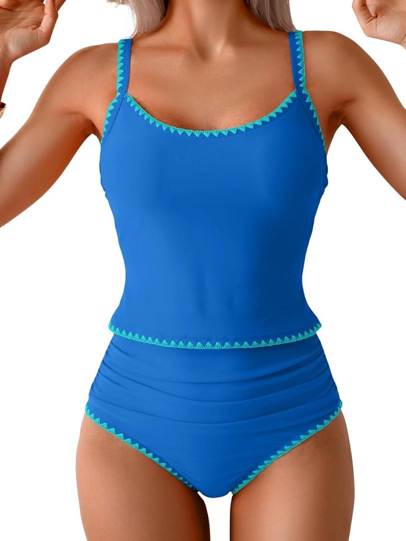 Eomenie Tankini Swimsuit for Women Tummy Control Ruched Two Piece Bathing Suits High Waisted Shell Stitch Swimwear (Large, Blue) Eomenie Tankini Swimsuit for Women Tummy Control Ruched Two Piece Bathing Suits High Waisted Shell Stitch Swimwear (Large, Blue)