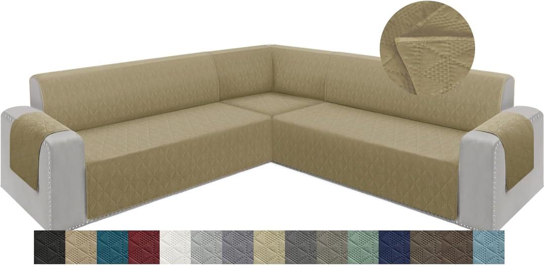 ALIECOM Corner Sectional Couch Covers L Shape Sofa Covers Washable Reversible Couch Cover for Sectional Slipcover U Shape Pet Dogs Furniture Protector with Elastic Straps (Khaki, XX-Large)