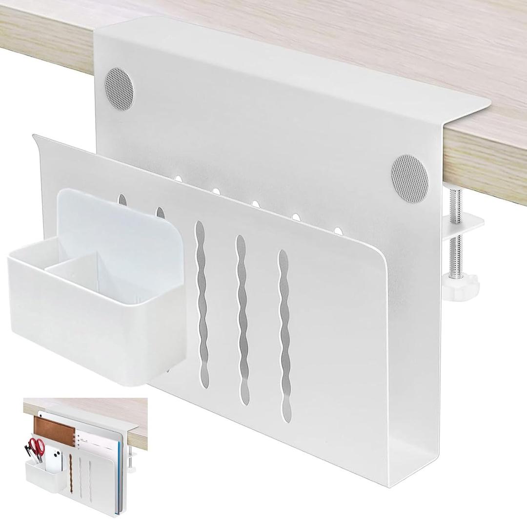 Desk Side Storage Organizer, Under Desk Laptop Holder with Magnetic Pen Holder, No Drill Hanging Desk Caddy for Office & Home, Clamp On Desk Shelf for Tablet, Files, Accessories (White)