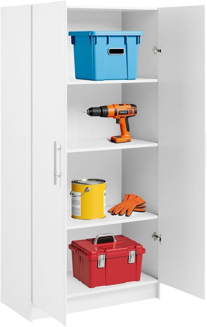 Prepac Elite Tall Garage Storage Cabinet & Pantry Storage Cupboard, 2-Door Freestanding Bathroom or Pantry Cabinet with Adjustable Shelves, 16" D x 32" W x 65" H, White