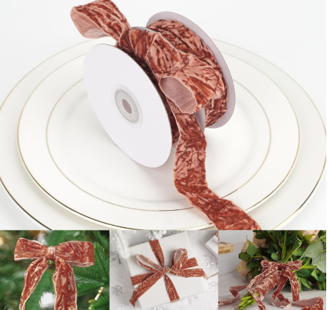 HUIHUANG Velvet Ribbon 1 inch Rust Red Crushed Velvet Ribbon for Christmas Tree Ornaments, Gift Wrapping, Wreaths Decoration, Invitations, Holiday Decor, Bows, Flower Bouquets