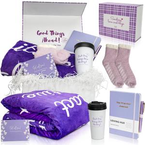 Chemo Care Package for Women, Cancer Care Gifts for Women, Gifts for Cancer Patients, Get Well Soon Gift Basket Includes Travel Mug, Healing Blanket 47x71 (Purple)