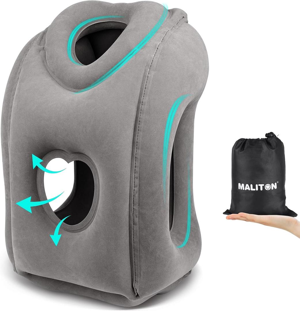 Maliton Inflatable Travel Pillow for Airplane Comfortable Sleeping to Relieve Neck and Shoulder Pain, Support Head Inflatable Pillow for Long Flights, Used for Airplanes, Cars, Trains, Office(Grey)
