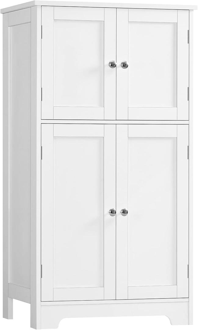 TEENFON Bathroom Floor Storage Cabinet, Freestanding Bathroom Storage Unit with 2 Adjustable Shelves & 4 Doors, White, 11.8"D x 23.6"W x 42.7"H