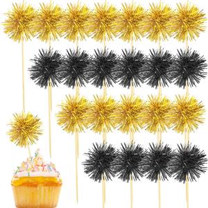 80 Pcs Firework Cupcake Topper Gold Graduation Cake Decorations Foil Frill Toothpicks for Party Decoration, Cake Toppers, Picnics, Bar, Birthday, Holiday (Black, Gold)