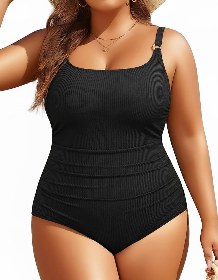 Women's Plus Size One Piece Swimsuit- Tummy Control Bathing Suit Ribbed Square Neck Swimwear 2025 (Black)