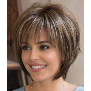 SEVENCOLORS Short Hair Wigs with Bangs Dark Brown Mixed Blonde Pixie Cut Wig for Women Straight Synthetic Fiber Wigs