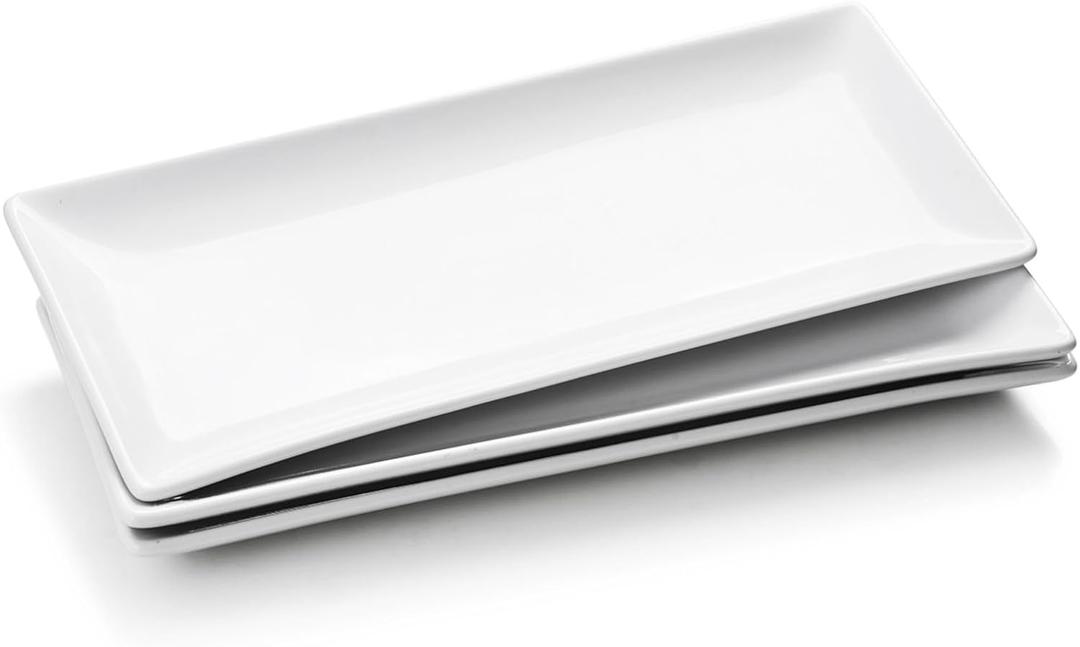 Ceramic Serving Platters Set of 3, White Rectangular Plates Set, 14 Inch / 35.3 cm Large Serving Trays, Porcelain Serving Dishes, Party Platters for Dessert, Buffet, Snack, Steak, Fruit  