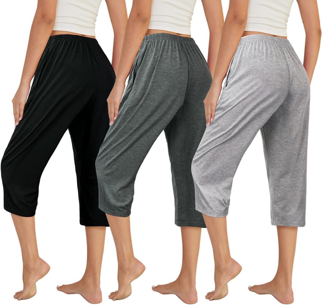 VENTELAN 3 Pack Womens Ultra-Soft Capri Pajama Pants Elastic Waistband Sleepwear Bottoms XXL