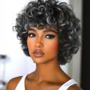 Short Curly Afro Wig for Black Women with Bangs  Natural Kinky Curls,Soft & Full Volume for Daily Wear or Party (Black/Grey Ombre)