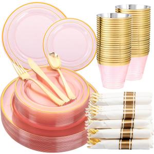 WELLIFE 210Pcs Clear-Pink Plastic Dinnerware- Pink and Gold Plastic Dinnerware include 30 Dinner Plates, 30 Dessert Plates, 90 Gold Silverware, 30 Cups and 30 Napkins Perfect for Parties WELLIFE 210Pcs Clear-Pink Plastic Dinnerware- Pink and Gold Plastic Dinnerware include 30 Dinner Plates, 30 Dessert Plates, 90 Gold Silverware, 30 Cups and 30 Napkins Perfect for Parties