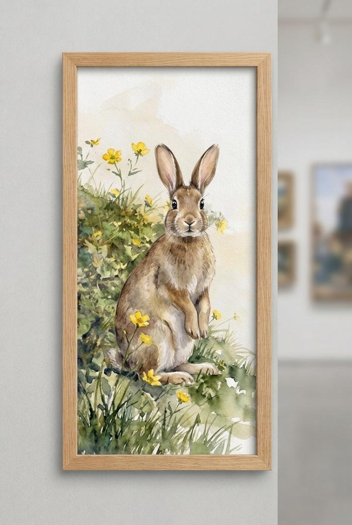 Framed Watercolor Rabbit Wall Art – Standing Bunny in Meadow Print with Light Wood Frame