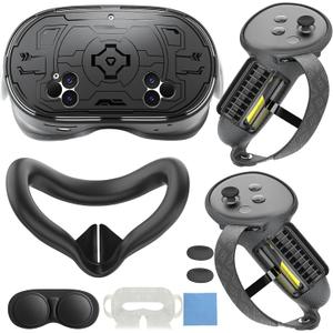 7-in-1 Protective Silicone Cover Set Compatible with Meta Quest 3s Accessories, Included Upgrade Battery Opening Controller Grips, Silicone Face Cover and TPU Hard Shell Cover_(TPU-Black)