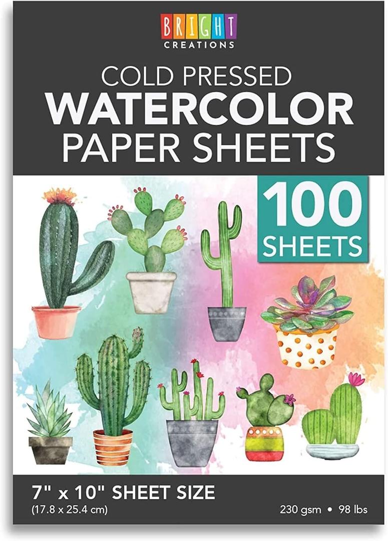 Bright Creations 100 Sheets Cold Press Watercolor Paper for Artists and Beginners (7 x 10 Inches)