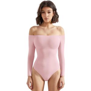 SUUKSESS Women Off the Shoulder Long Sleeve Bodysuit Double Lined Thong Bodysuit (Small, Baby Pink)