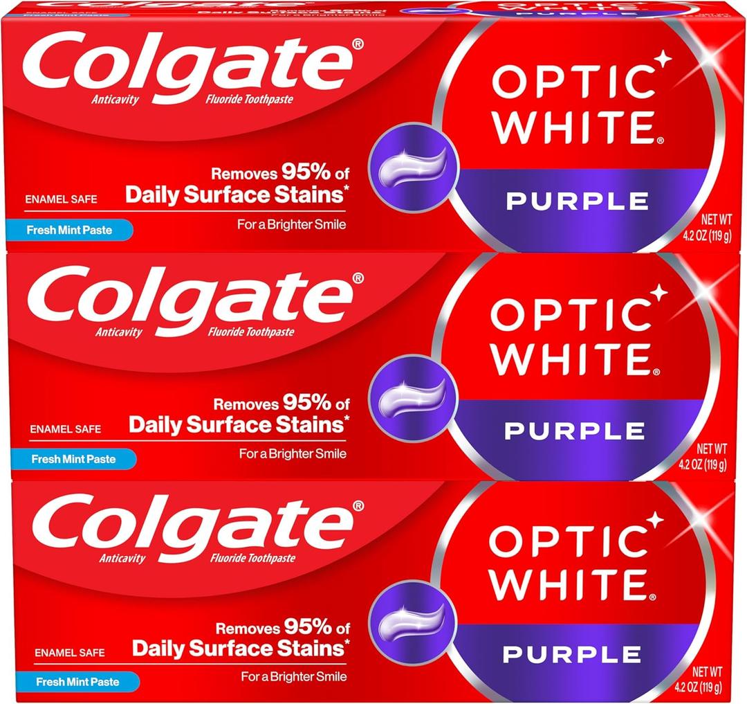 Colgate Optic White Purple Toothpaste for Teeth Whitening, Teeth Whitening Toothpaste with Fluoride, Helps Remove Surface Stains, Enamel-Safe for Daily Use, Mint, 3 Pack, 4.2 oz