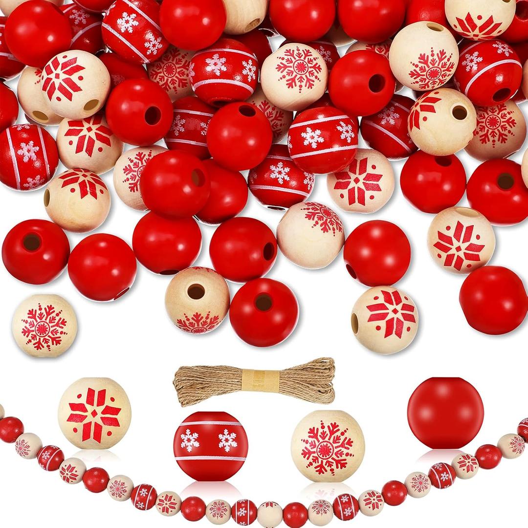 Jetec 120 Pieces 0.6 Inch Christmas Wooden Beads for Crafts Red White Snowflake Wood Beads with 65.6 Feet Twine Natural Round Bead with Hole for Xmas Valentine Saint Patrick Party Decor