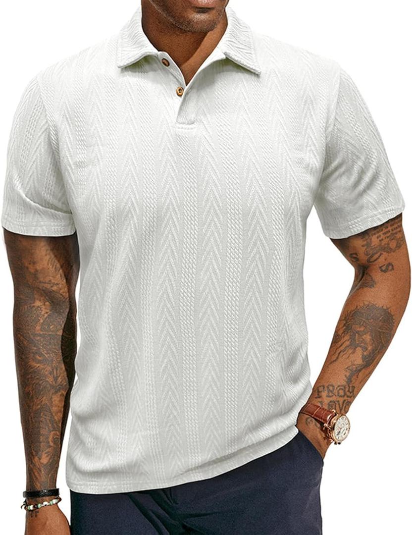 Men's Knitted Polo Shirts Short Sleeve Slim Fit Casual Golf Shirt Textured Knit V-Neck Summer Collared Tee Tops (Medium, White)