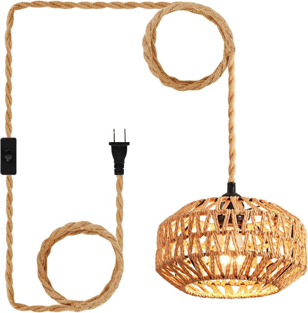 Plug in Pendant Light Rattan Hanging Lamp with Switch,Mini Rattan Boho Semi Flush Mount Ceiling Light,Hand Woven Hallway Light Fixtures for Bedroom Entryway Kitchen (1 Pack Brown)