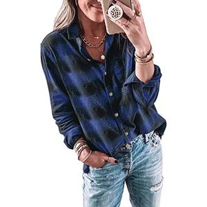 Wenrine Womens Long Sleeve Button Down Shirt Casual Plaid Flannel Shirt Collared Blouse Tops, Size XL