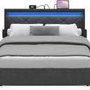 VASAGLE LED Bed Frame Queen Size, Queen Bed with Headboard and 4 Drawers, 1 USB Port and 1 Type C Port, Adjustable Upholstered Headboard 36.7/39.3 Inches, No Box Spring Needed, Dark Gray URMB821G71