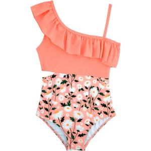 Girls One Piece Swimsuits Cutout Ruffle Bathing Suit Quick Dry Beach Swimwear with Adjustable Strap 12 Years (Orangepinkdaisy)