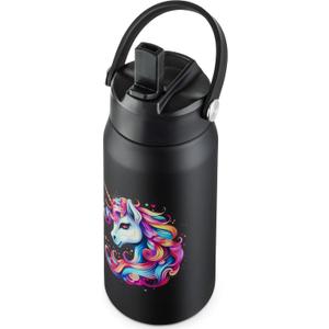 OLDLEY kids Water Bottle - 18oz Insulated Stainless Steel - Wide Straw Lid, Non Spill, Leakproof, Kids Water Bottle for School,Black Unicorn